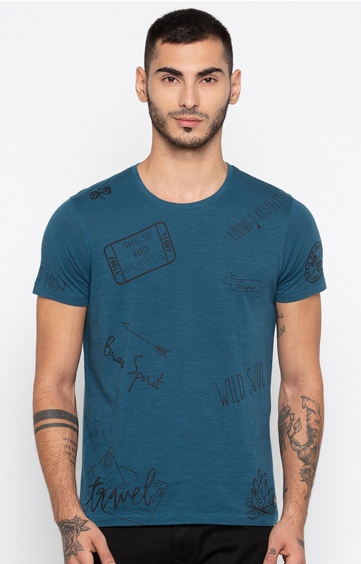 spykar | Spykar Blue Printed Slim Fit T-Shirt 0