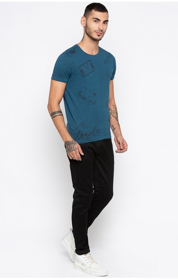 spykar | Spykar Blue Printed Slim Fit T-Shirt 1