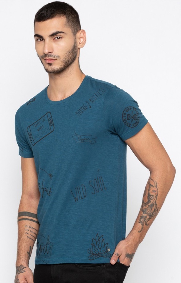 spykar | Spykar Blue Printed Slim Fit T-Shirt 2