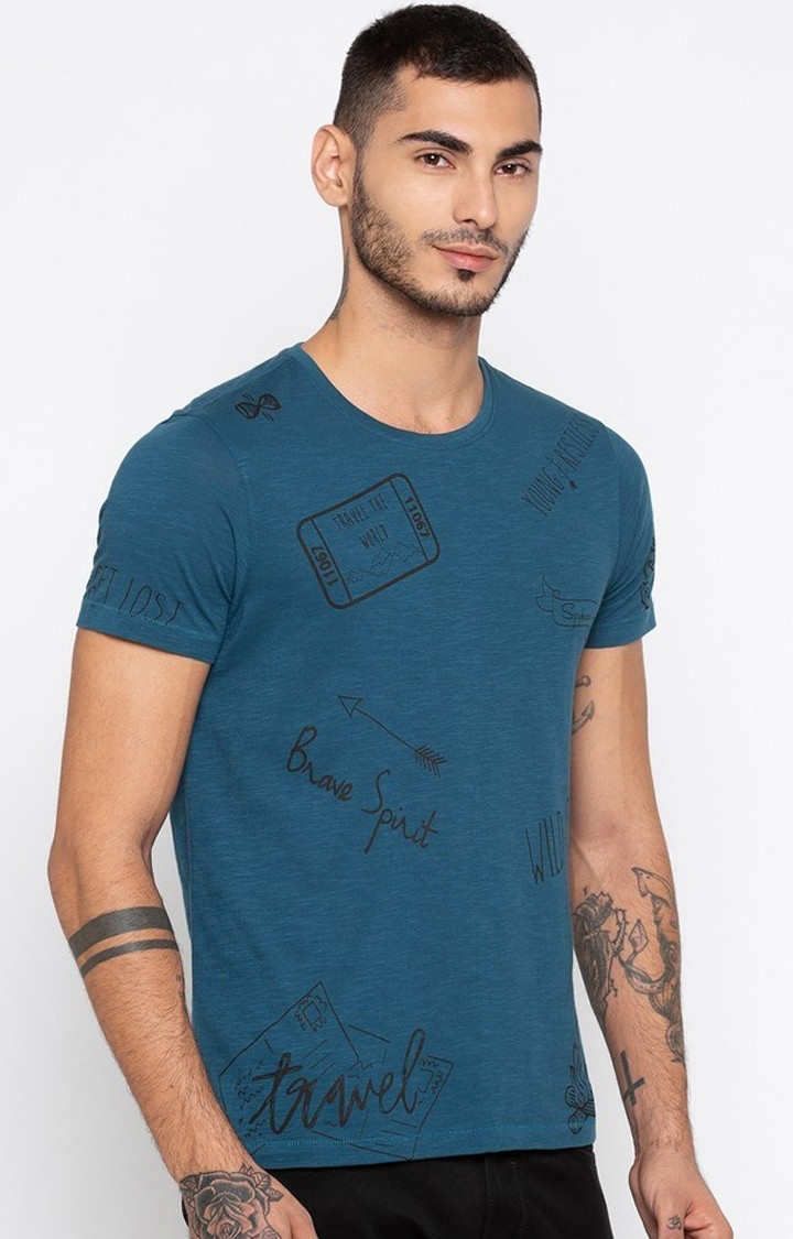 spykar | Spykar Blue Printed Slim Fit T-Shirt 3