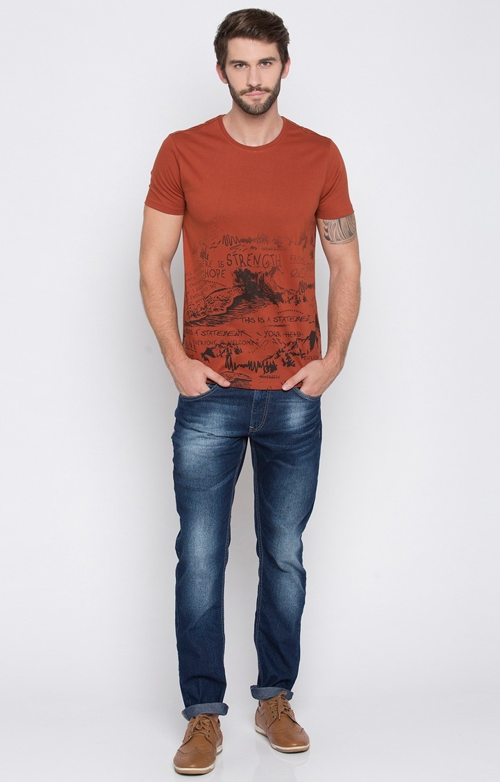 spykar | Spykar Burnt Orange Printed Slim Fit T-Shirt 2