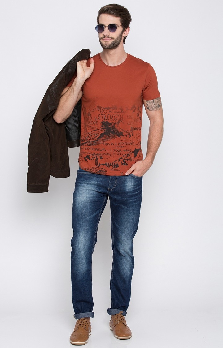 spykar | Spykar Burnt Orange Printed Slim Fit T-Shirt 1