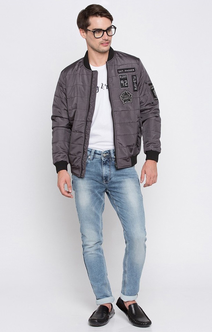 Spykar Grey Solid Regular Fit Bomber Jackets