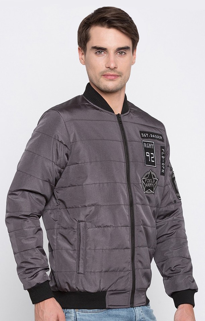 Spykar Grey Solid Regular Fit Bomber Jackets