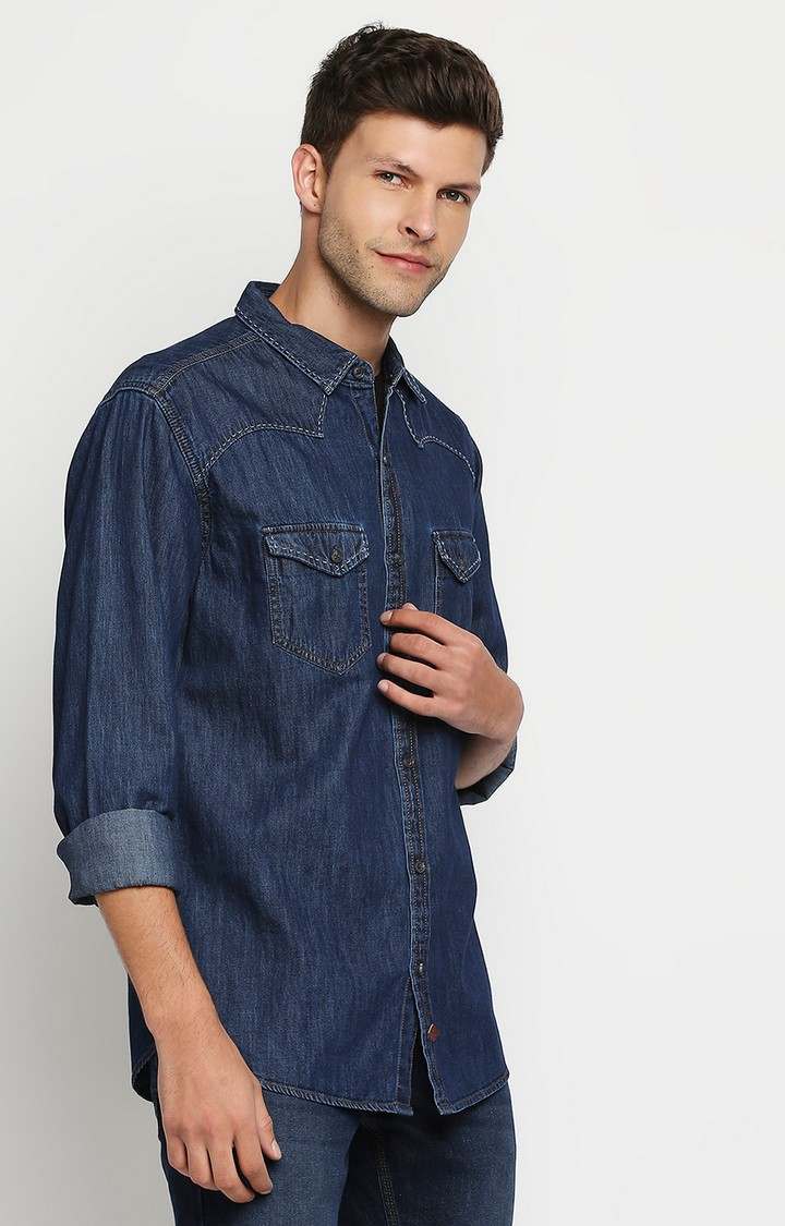Men's Blue Cotton Solid Casual Shirts