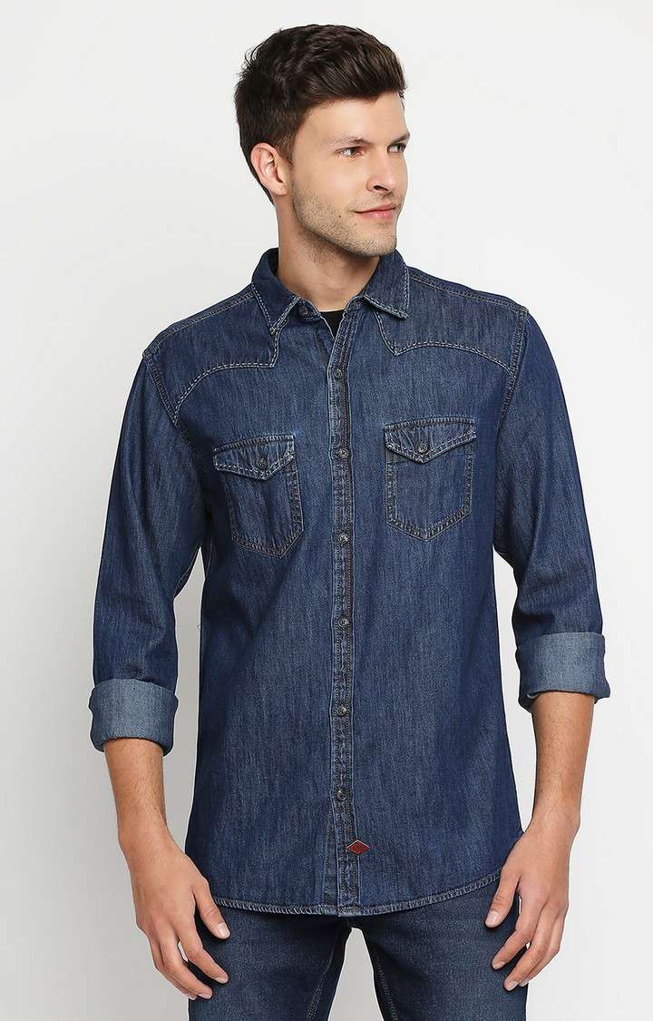 Men's Blue Cotton Solid Casual Shirts