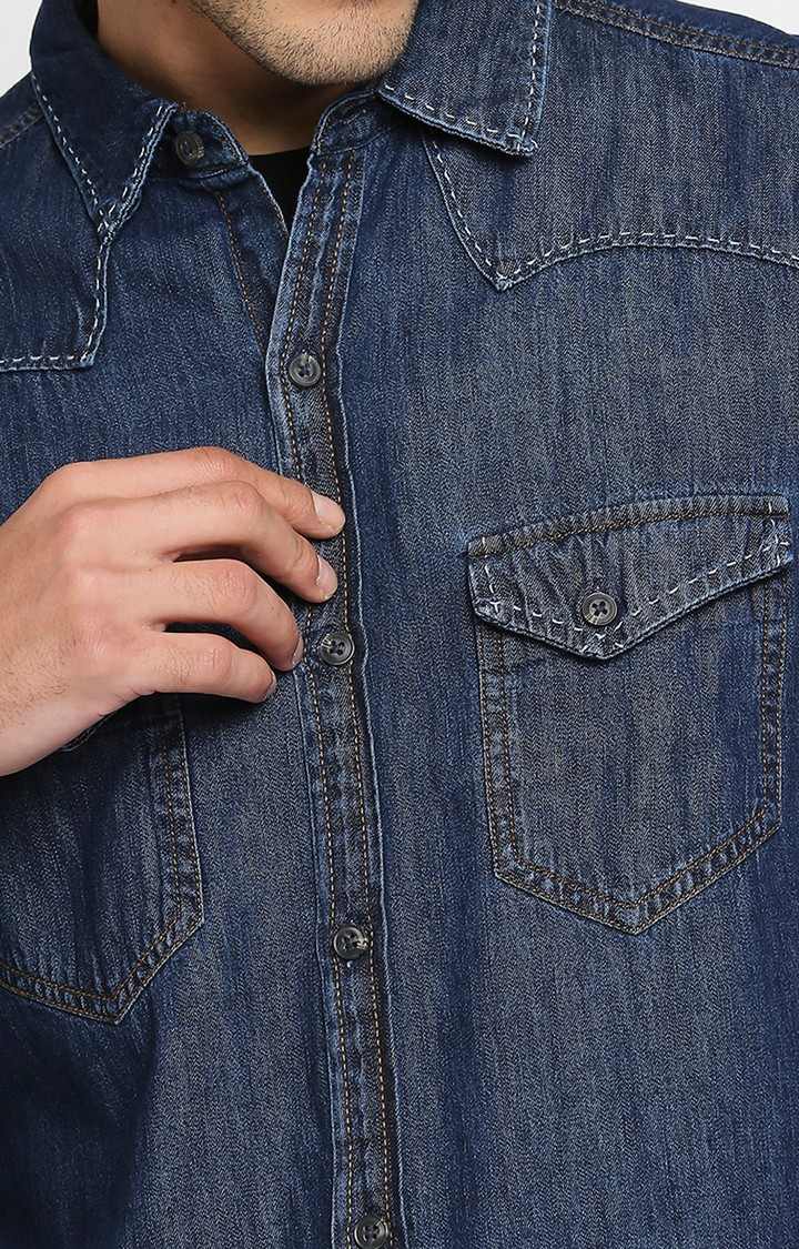 Men's Blue Cotton Solid Casual Shirts