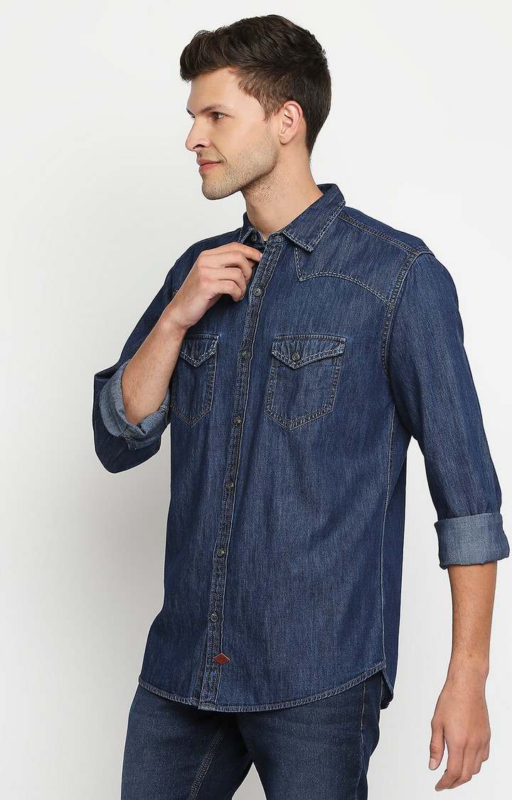 Men's Blue Cotton Solid Casual Shirts