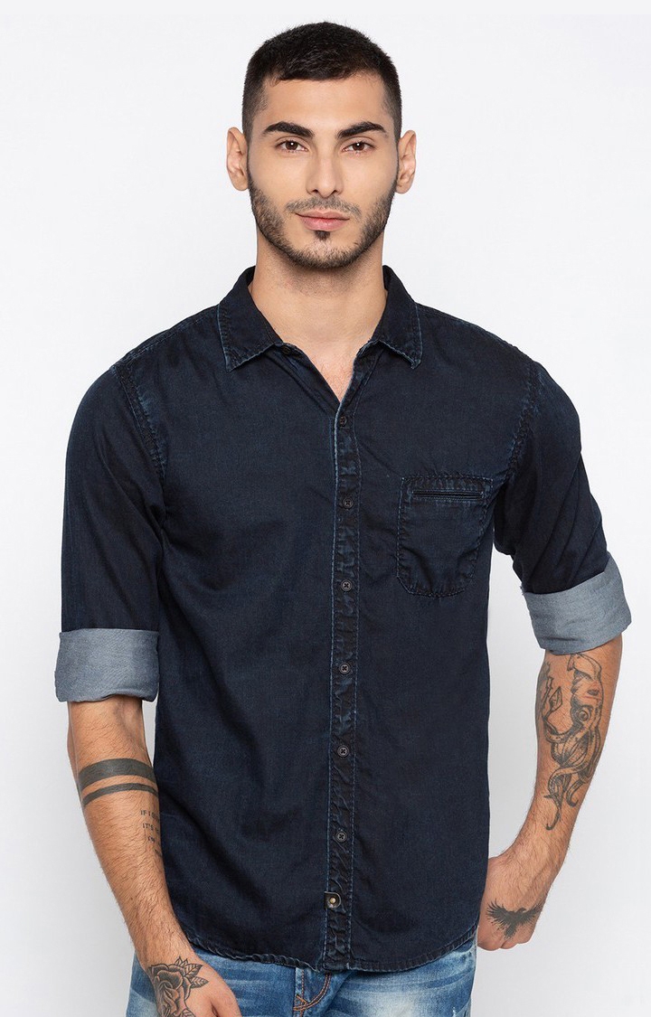 spykar | Men's Blue Cotton Solid Casual Shirts 0