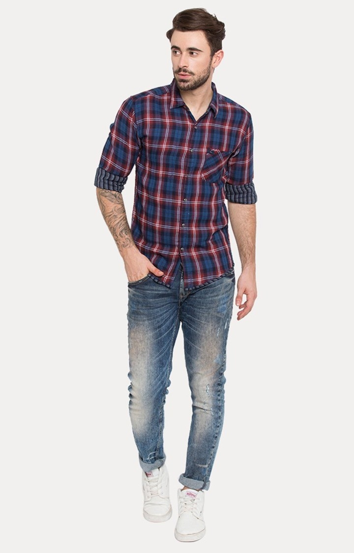 spykar | Men's Red Cotton Checked Casual Shirts 1