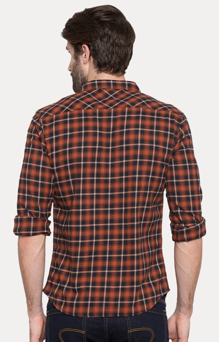 spykar | Men's Orange Cotton Checked Casual Shirts 4
