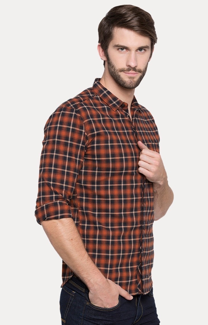 spykar | Men's Orange Cotton Checked Casual Shirts 3