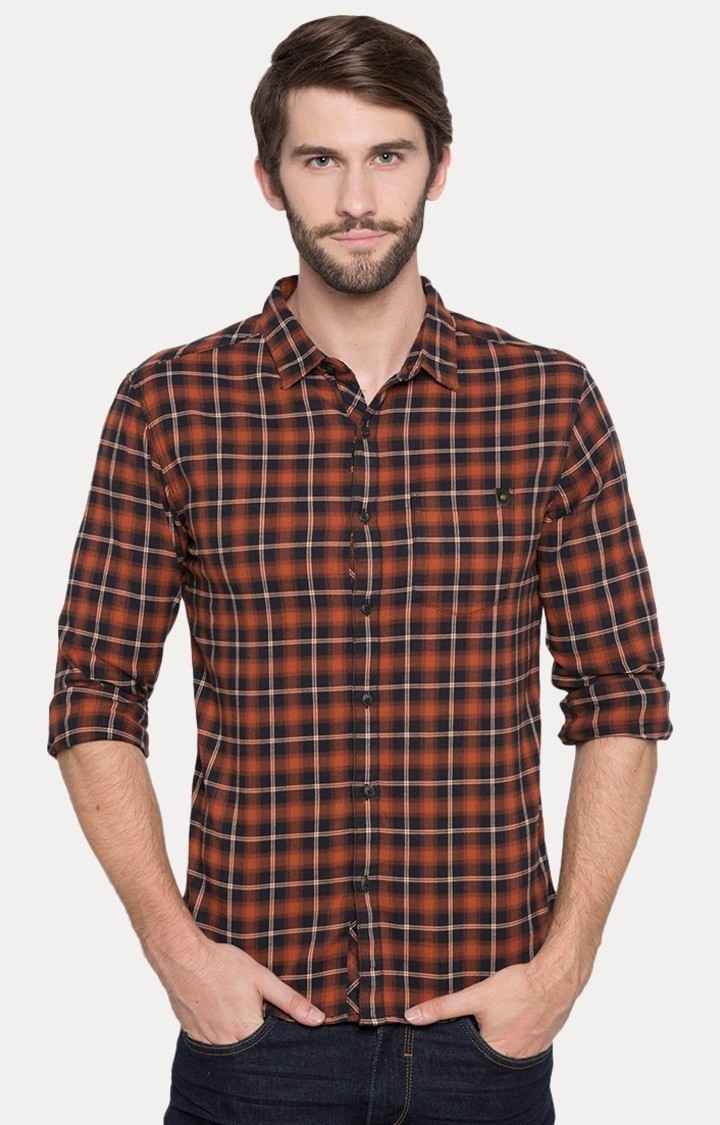 spykar | Men's Orange Cotton Checked Casual Shirts 0