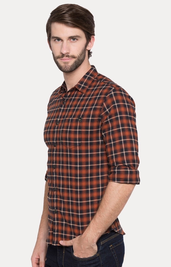 spykar | Men's Orange Cotton Checked Casual Shirts 2