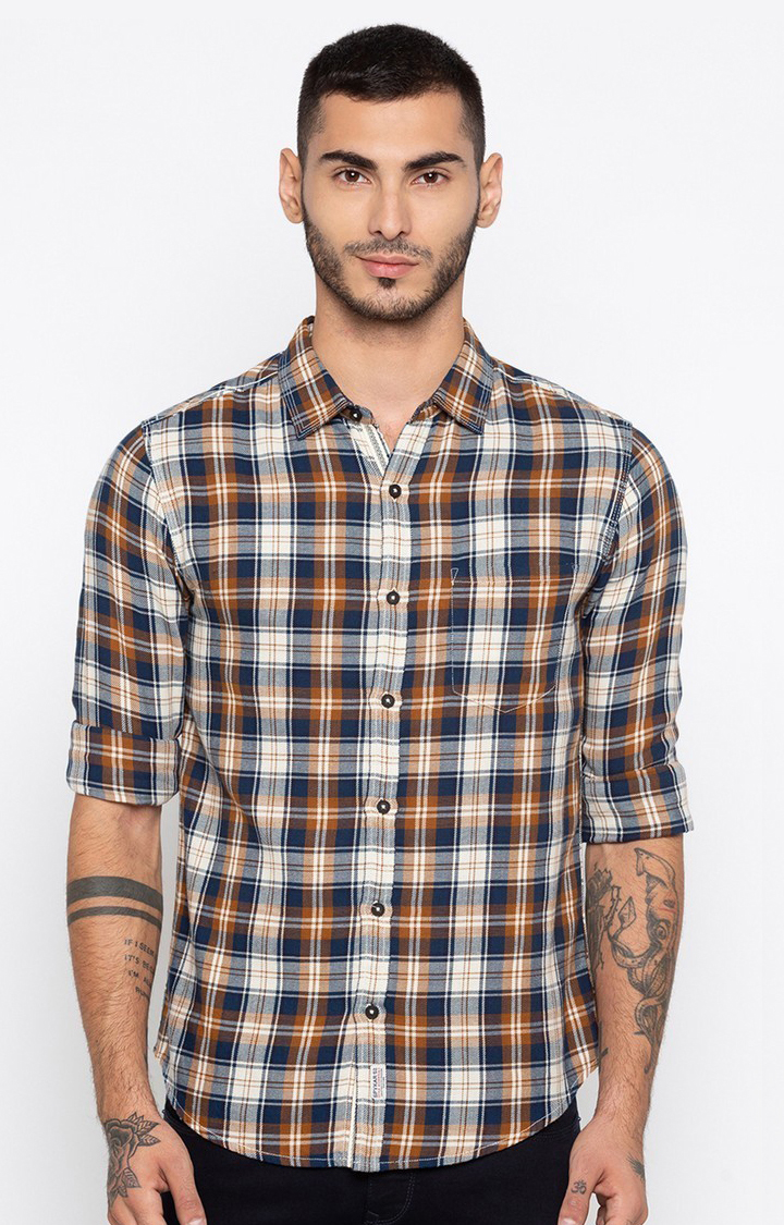Men's Brown Cotton Checked Casual Shirts