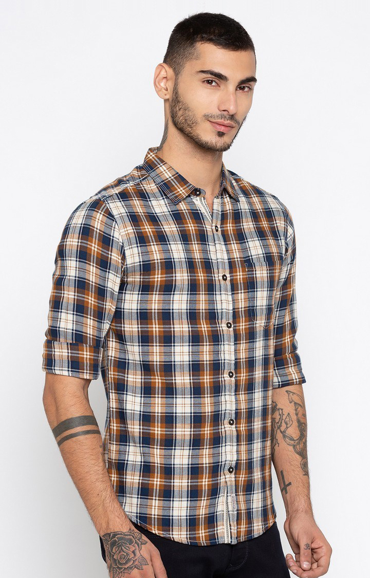 Men's Brown Cotton Checked Casual Shirts