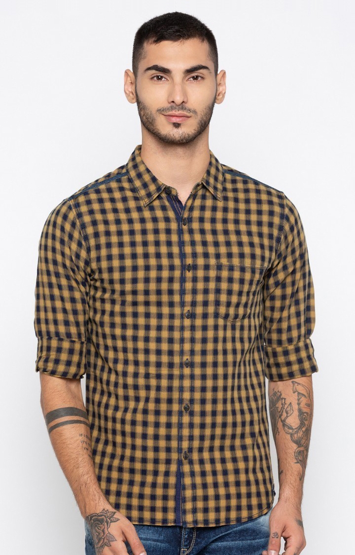 spykar | Men's Brown Cotton Checked Casual Shirts 0