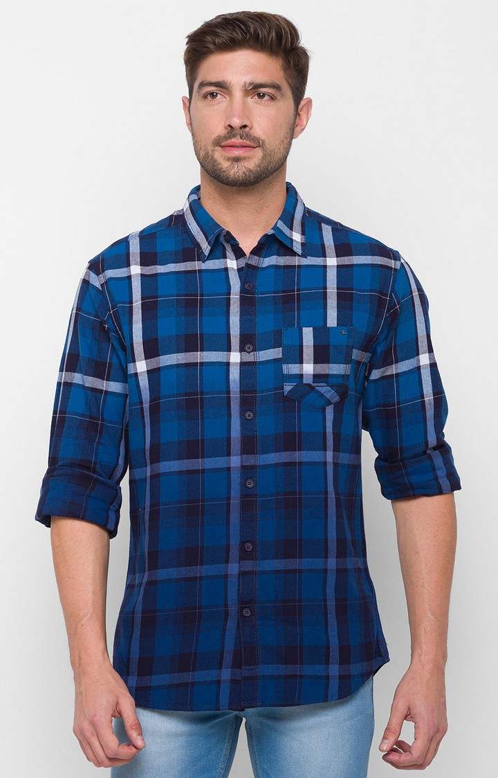 Men's Blue Cotton Checked Casual Shirts