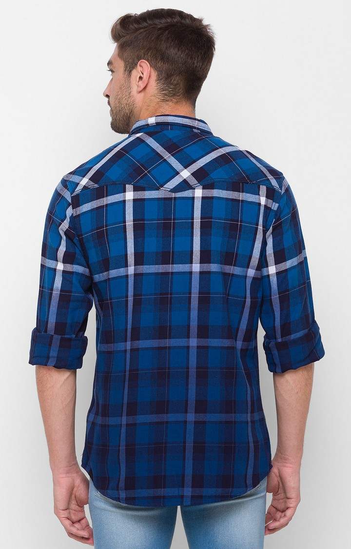 Men's Blue Cotton Checked Casual Shirts