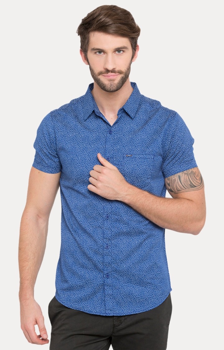 spykar | Men's Blue Cotton Printed Casual Shirts 0