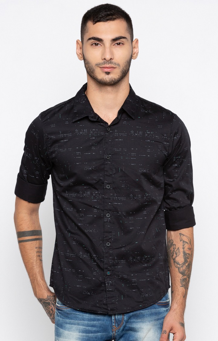 Men's Black Cotton Printed Casual Shirts