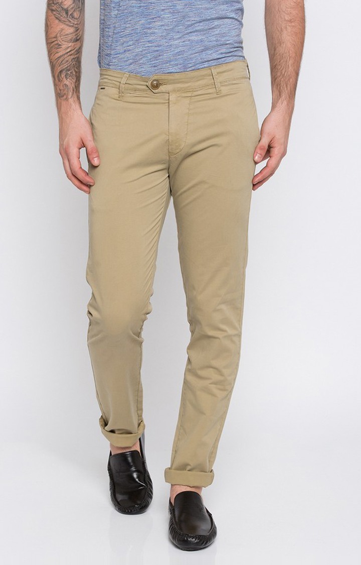 Men's Beige Cotton Solid Straight Chinos
