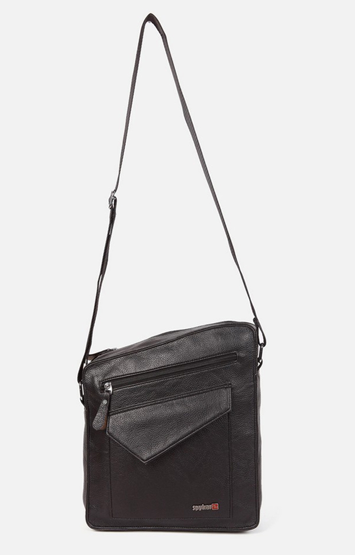spykar | Spykar Black Solid Genuine Leather Satchels Bag 5