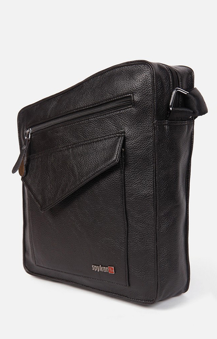 spykar | Spykar Black Solid Genuine Leather Satchels Bag 3