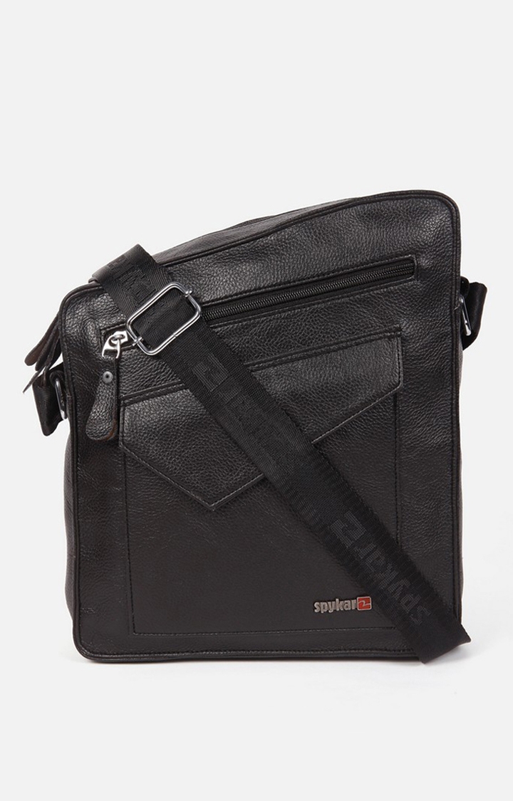 spykar | Spykar Black Solid Genuine Leather Satchels Bag 0