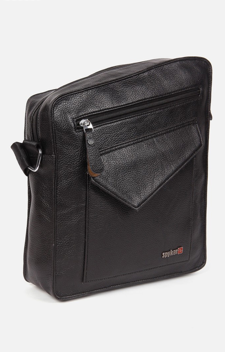 spykar | Spykar Black Solid Genuine Leather Satchels Bag 4