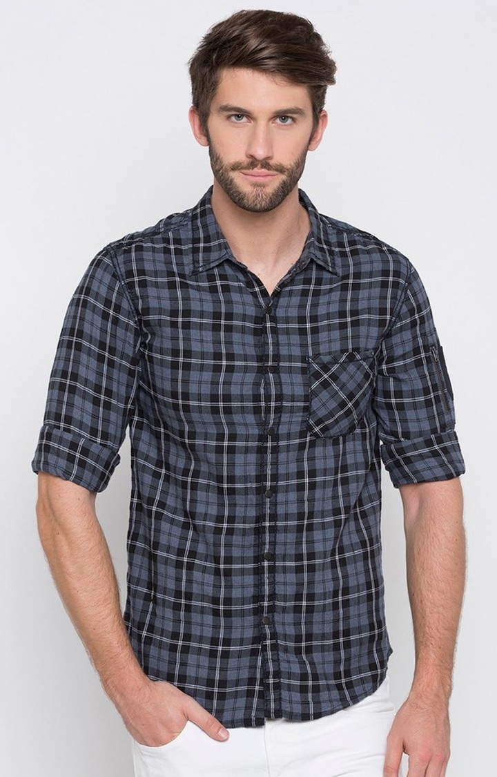 spykar | Men's Grey Cotton Checked Casual Shirts 0