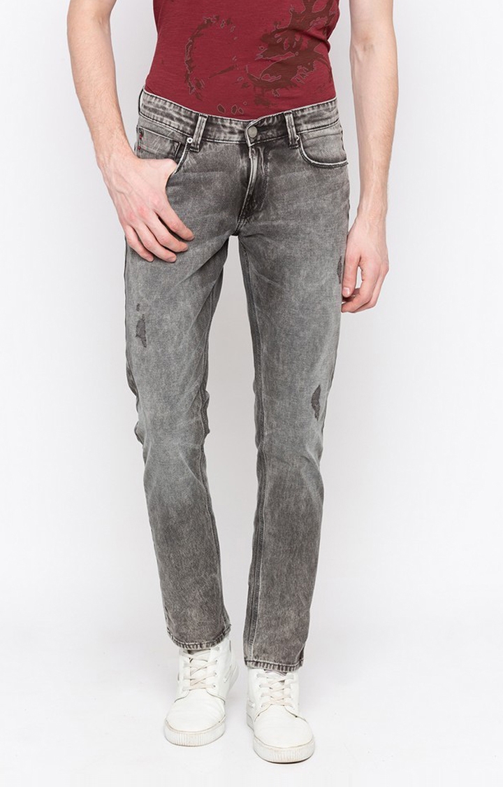 spykar | Men's Grey Cotton Ripped Straight Jeans 0