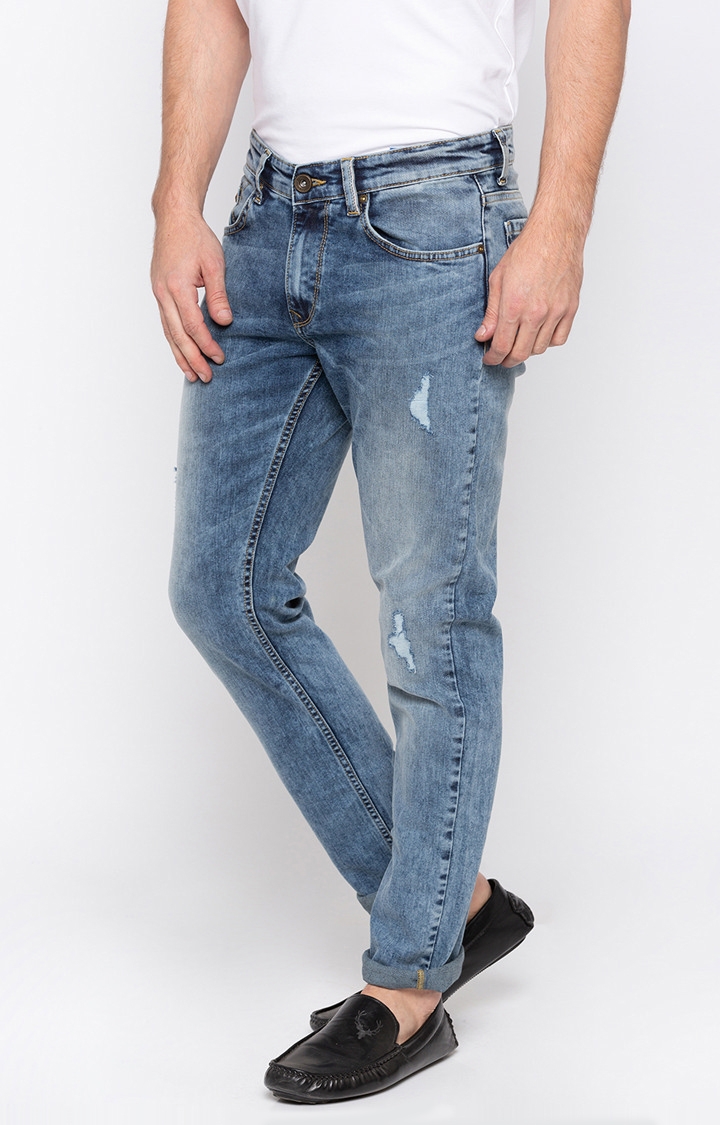 spykar | Men's Blue Cotton Ripped Slim Jeans 2