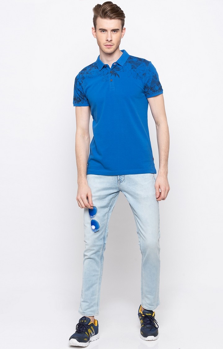 spykar | Spykar Blue Cotton Slim Fit Polo T-Shirt For Men 1