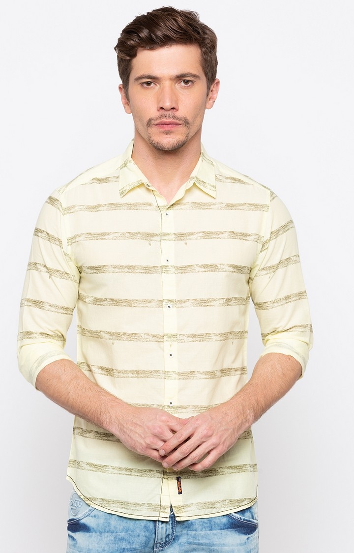 Spykar | Men's Yellow Cotton Striped Casual Shirts 0