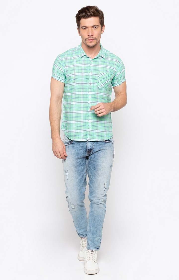 spykar | Men's Green Cotton Checked Casual Shirts 1