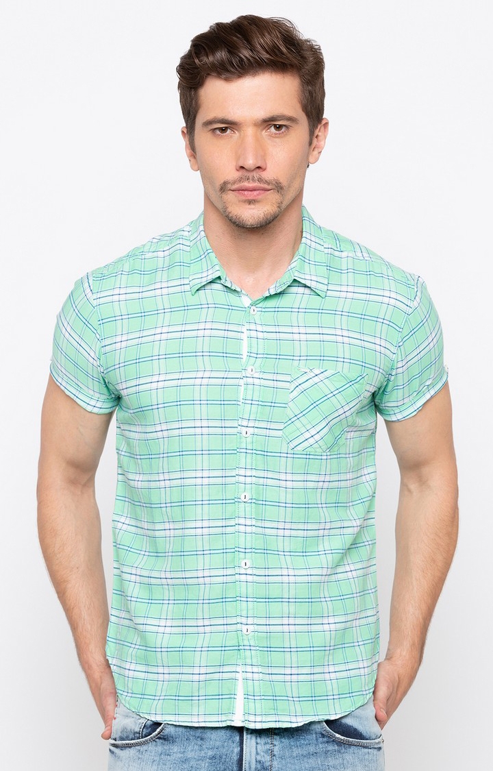 spykar | Men's Green Cotton Checked Casual Shirts 0