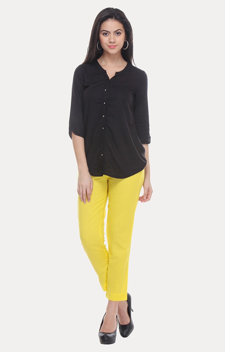 W | Women's Yellow Cotton Blend Solid Trousers 1