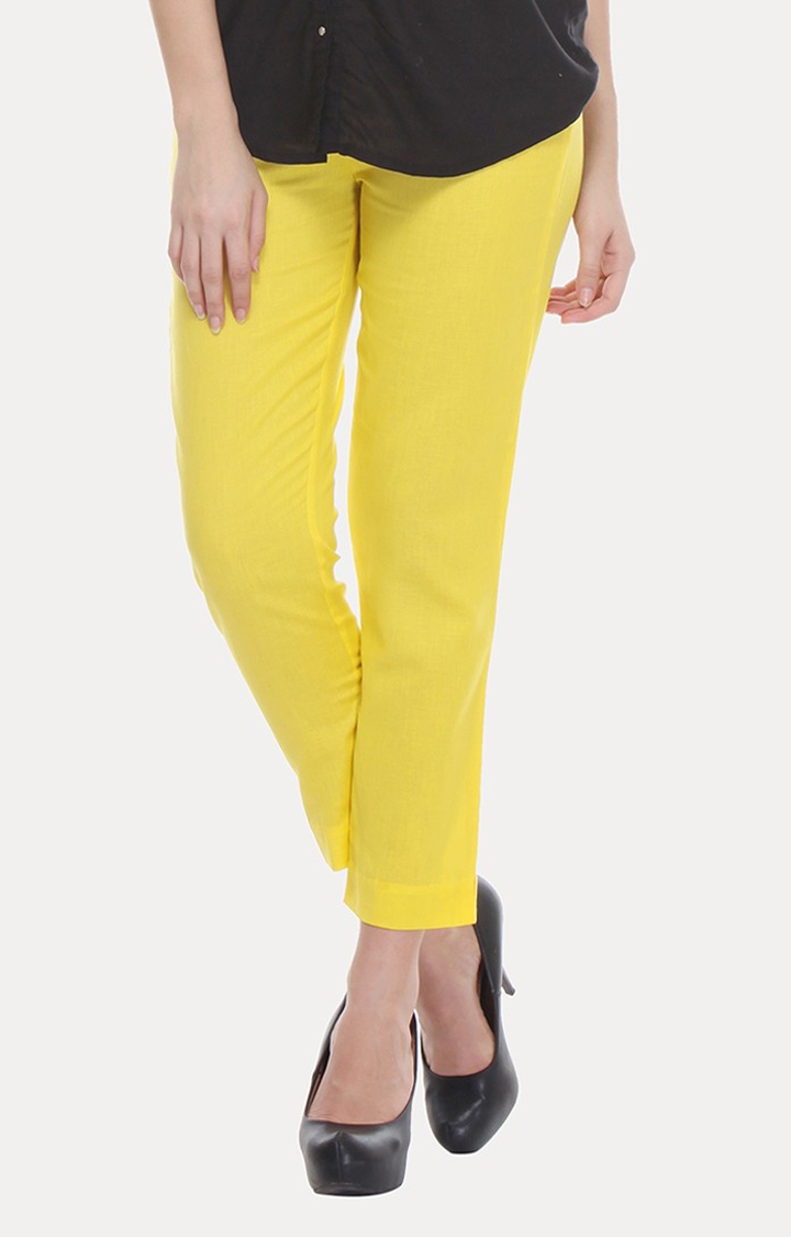 W | Women's Yellow Cotton Blend Solid Trousers 0