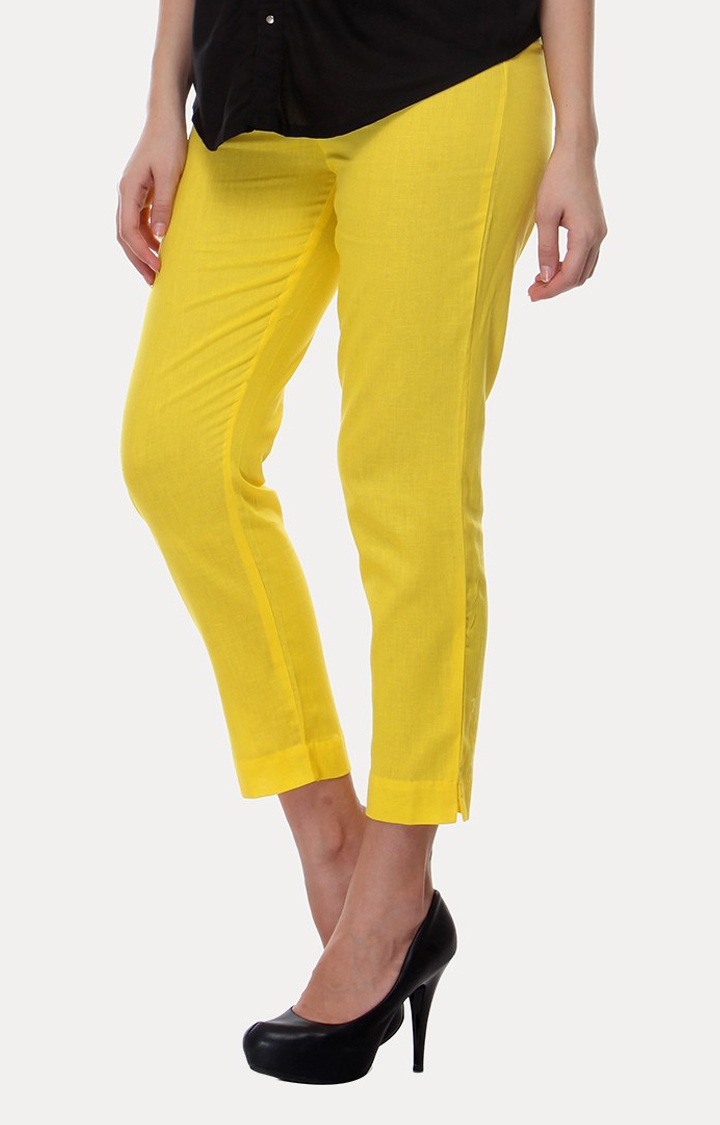 W | Women's Yellow Cotton Blend Solid Trousers 2