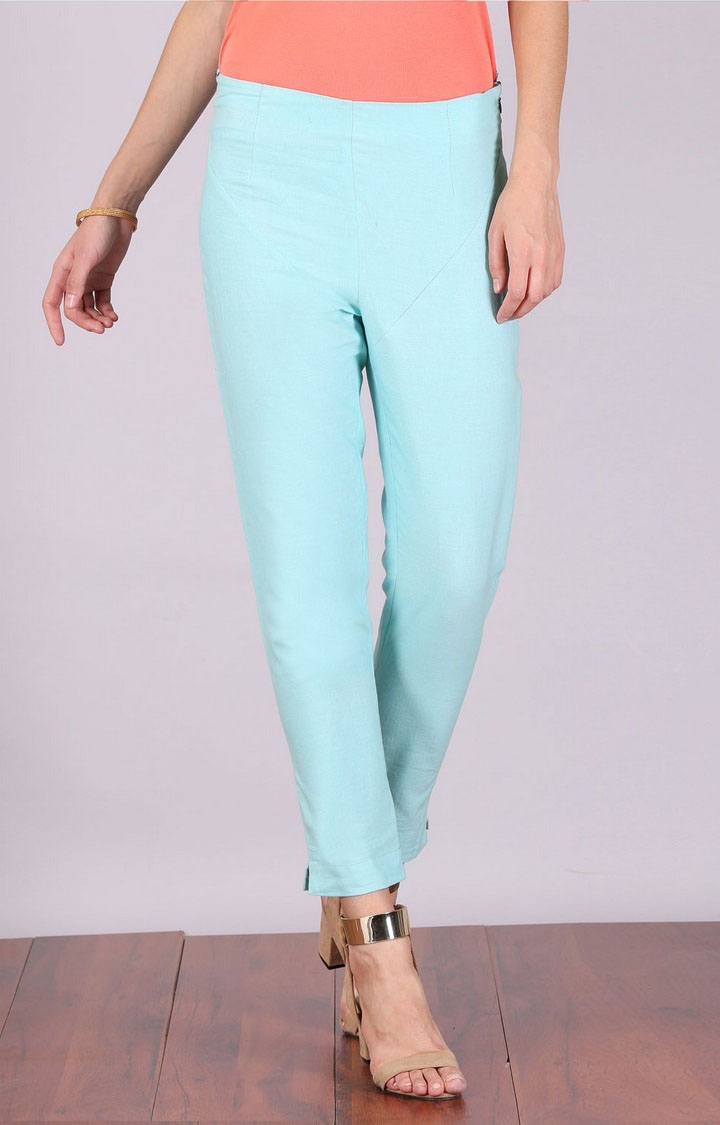 Aurelia | Women's Blue Cotton Blend Trousers 0