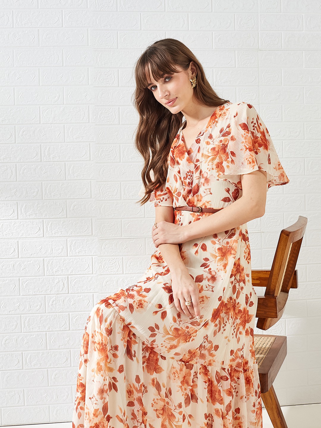 Latin Quarters Women Rust Printed Short Sleeves V-neck A-line Casual Maxi Dress