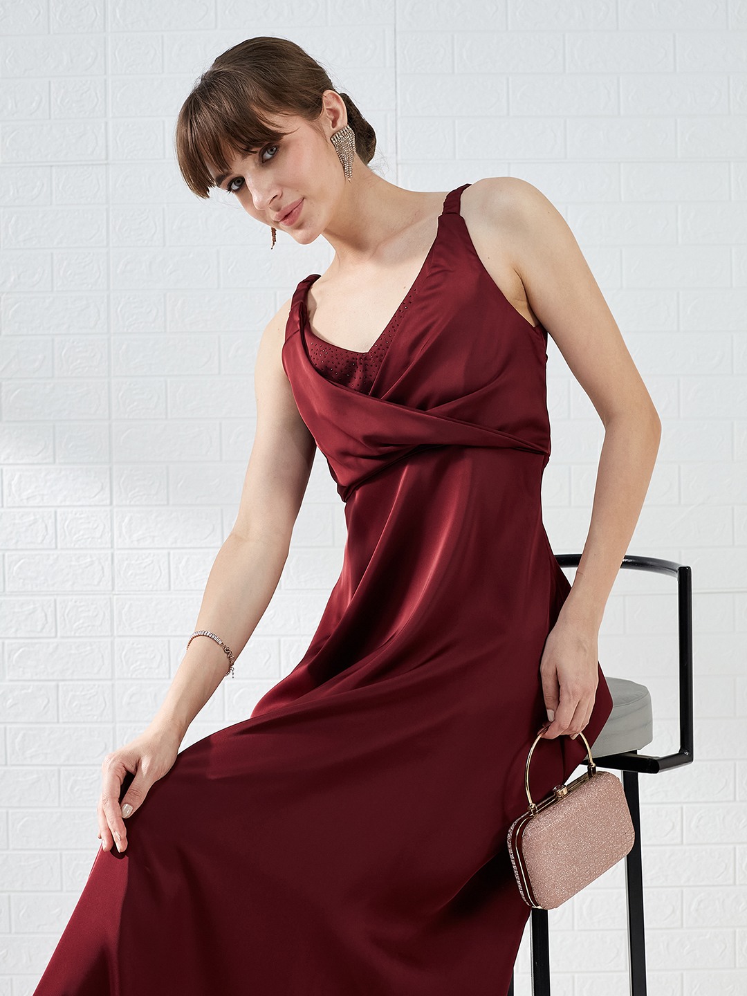 Latin Quarters Women Maroon Sleeveless V-Neck A-line Party Maxi Dress