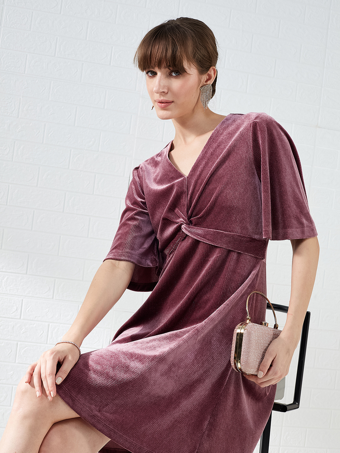 Latin Quarters Women Pink Short Sleeves V-neck Fit & Flare Party Dress