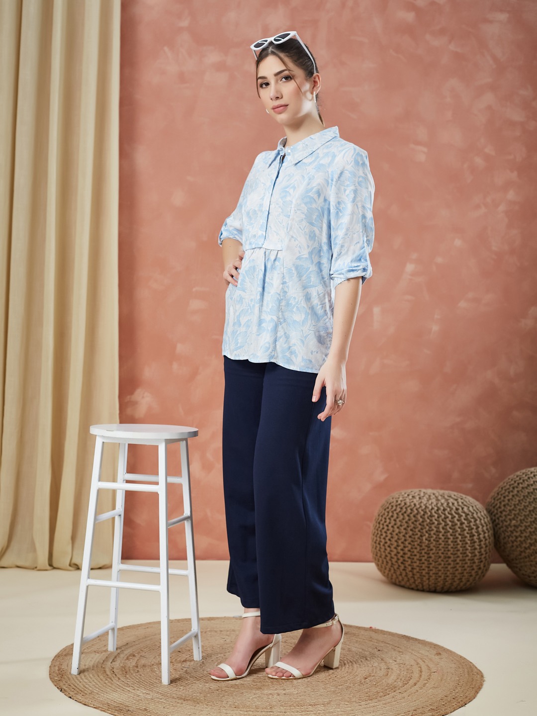 Latin Quarters Women's Blue 3/4Th Sleeves Printed Collar Neck Casual Tunic