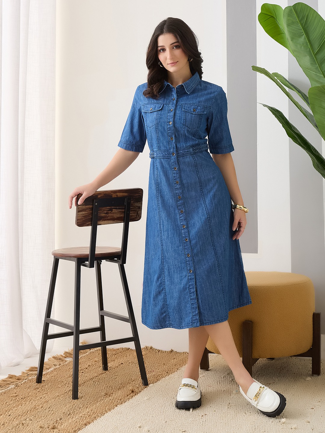 Latin Quarters Women'S Blue Solid Shirt Dress