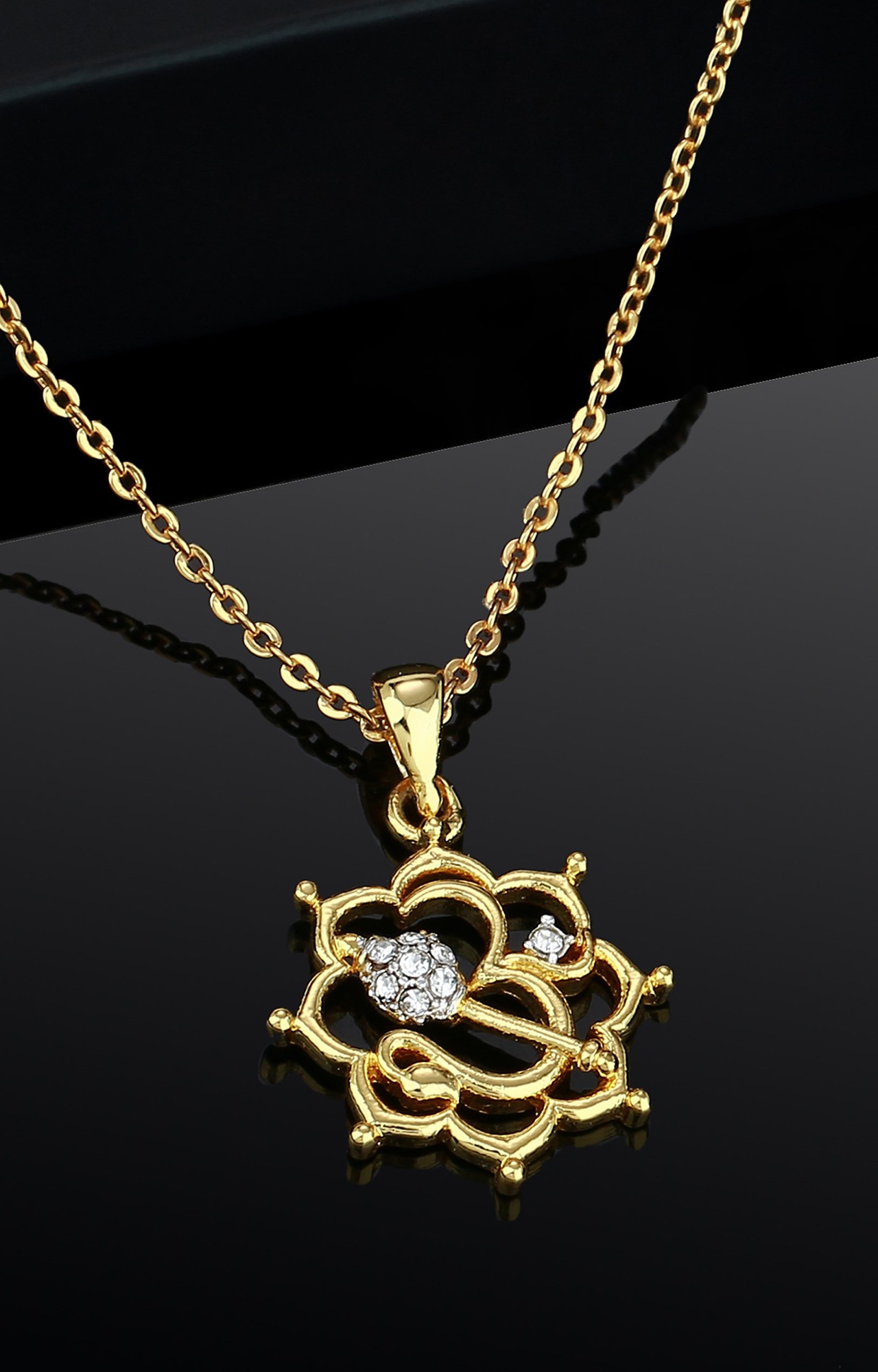 Estele  Gold & Rhodium Plated Om God & Flower Pendant Locket with Crystals for Women
