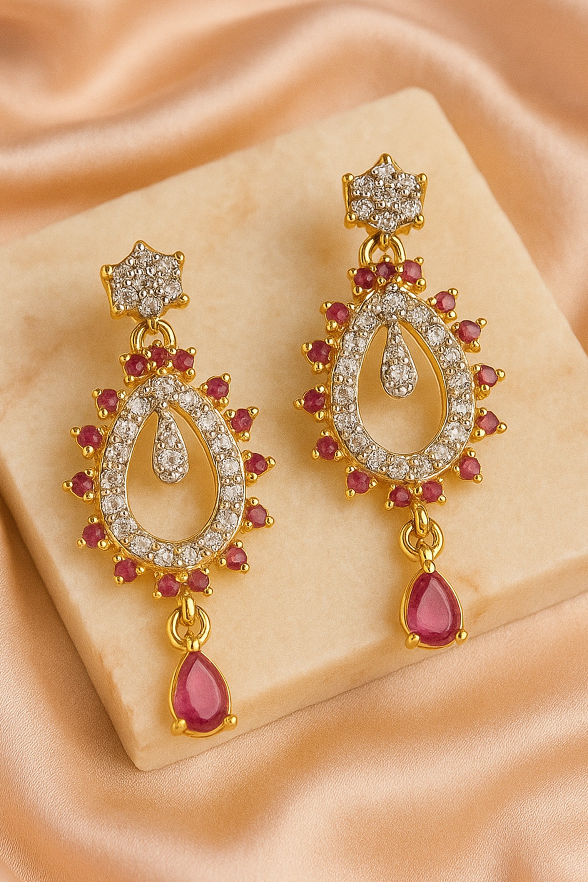 Estele Gold & Rhodium-Plated Ruby Teardrop Dangler Earrings for Women