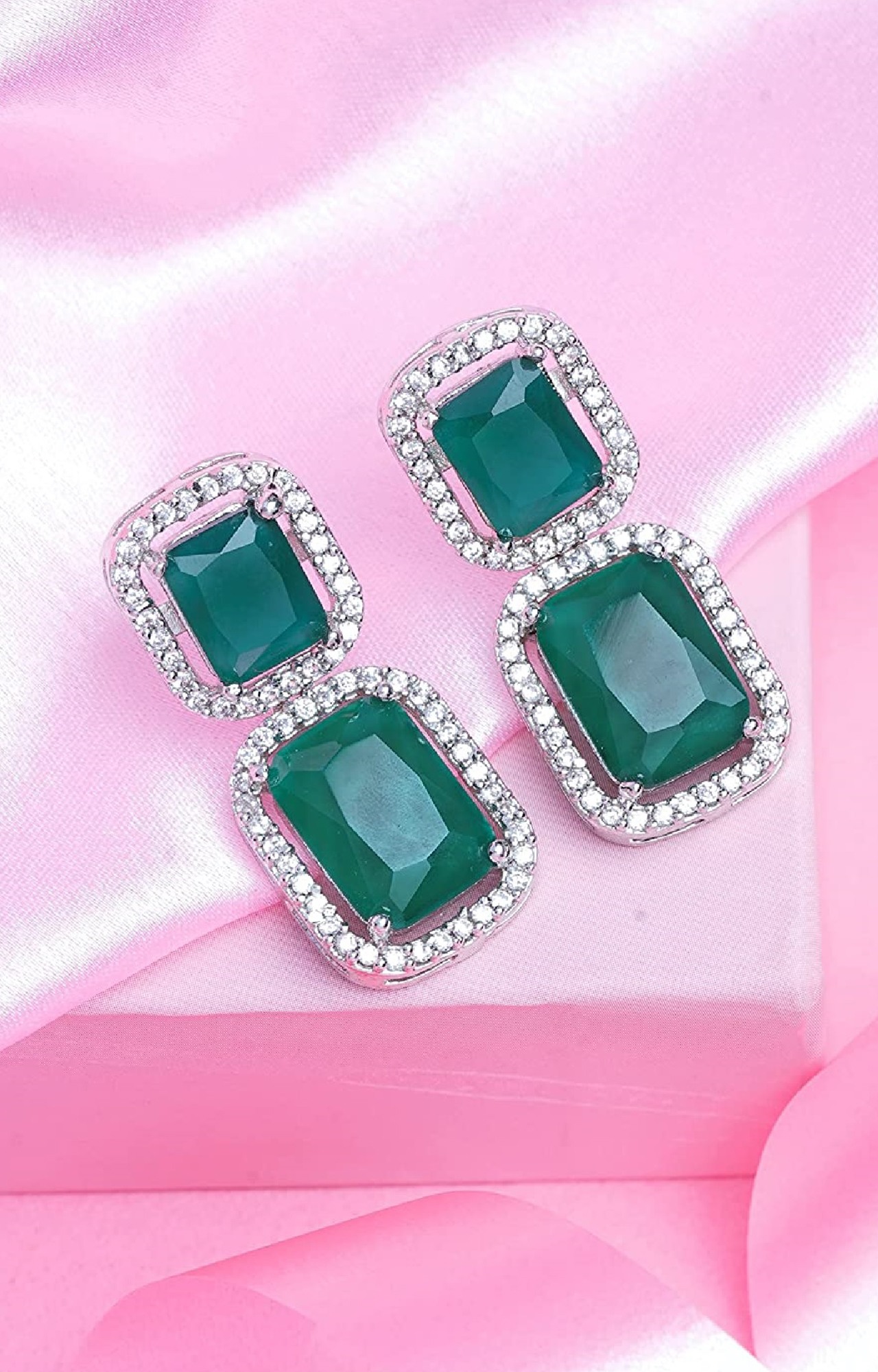 Estele Rhodium Plated CZ Radiant Designer Drop Earrings with Emerald Crystals for Women