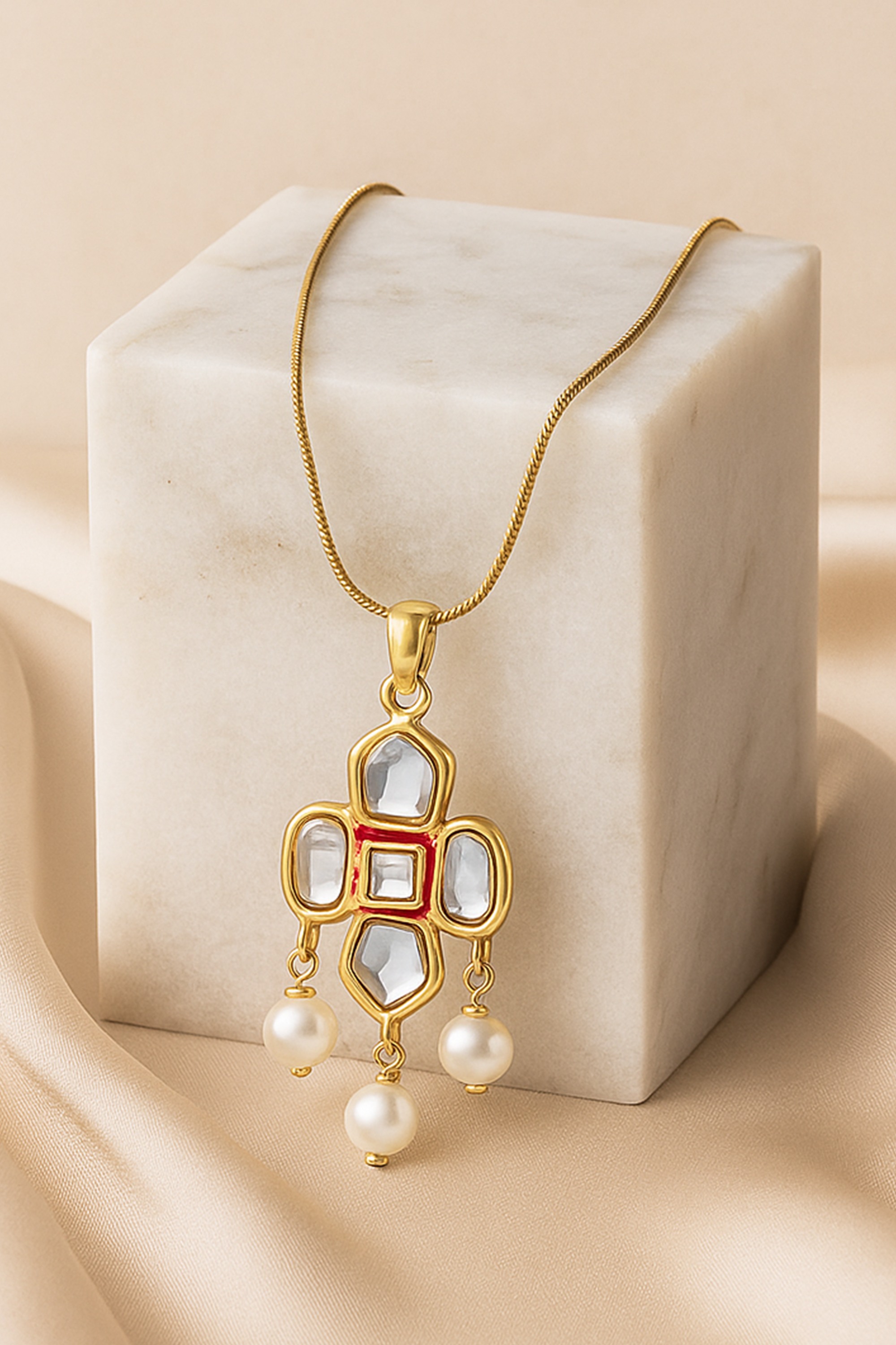 Estele Gold Plated Kundan-Style Pendant Necklace with Pearl Danglers for Women